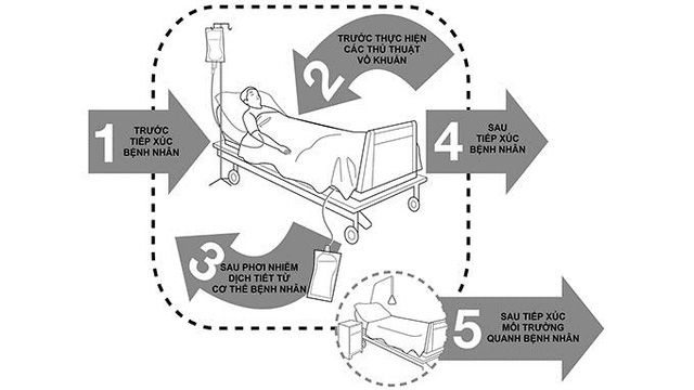 Sơ đồ 5 thời điểm vệ sinh tay: trước khi tiếp xúc bệnh nhân, trước thủ thuật vô khuẩn, sau phơi nhiễm dịch tiết, sau tiếp xúc bệnh nhân, sau tiếp xúc môi trường quanh bệnh nhân